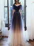 A Line V Neck Tulle Royal Blue Champagne Rhinestones Prom Dress LBQ3348
